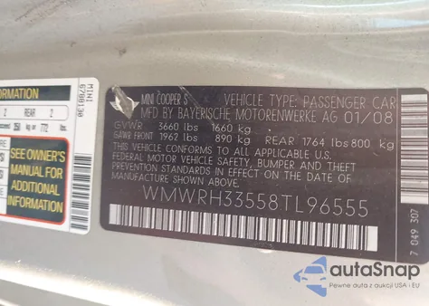 2008 Mini Cooper S из США, поврежденный, VIN WMWRH33558TL96555